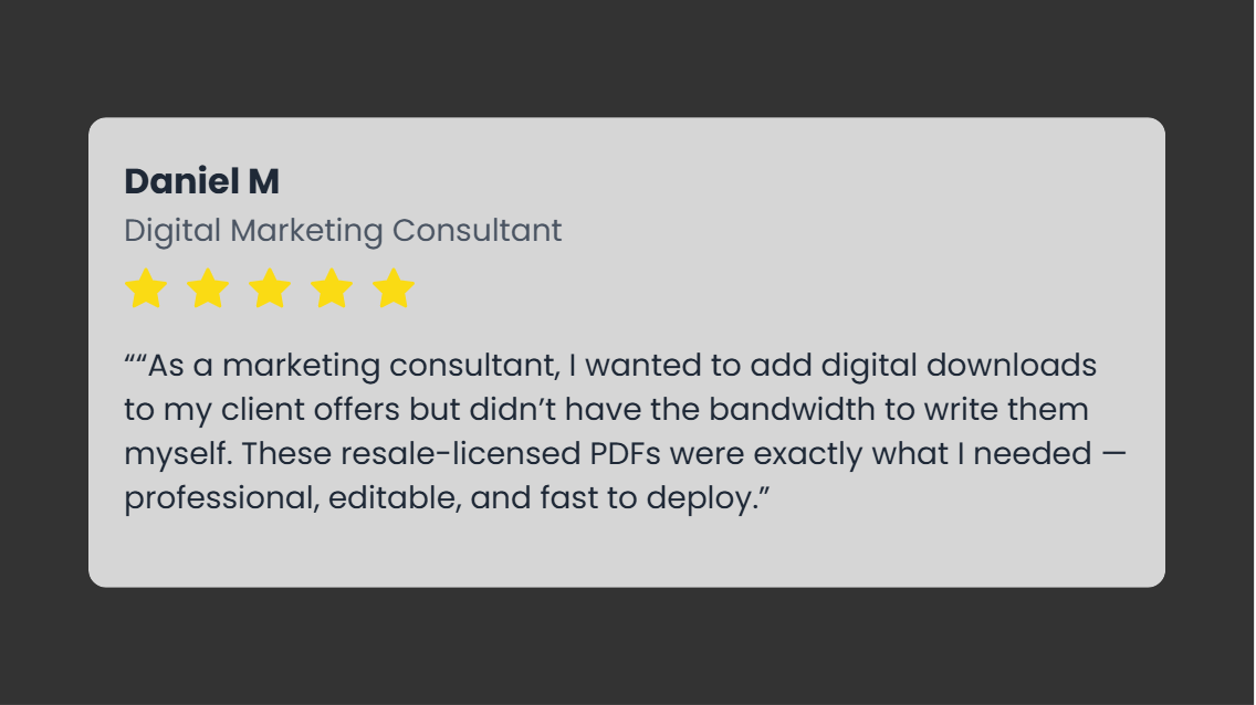 Five-star review from a digital marketing consultant on a dark background